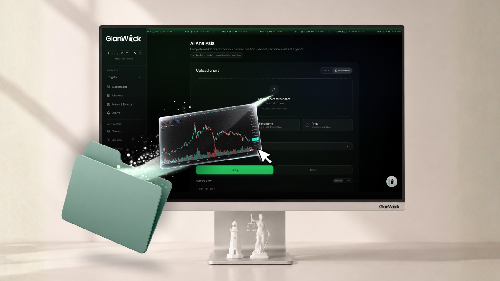 GlanWick KI-Analyse mit Chart-Upload, Asset-Auswahl und geplantem Einstieg auf einem Monitor