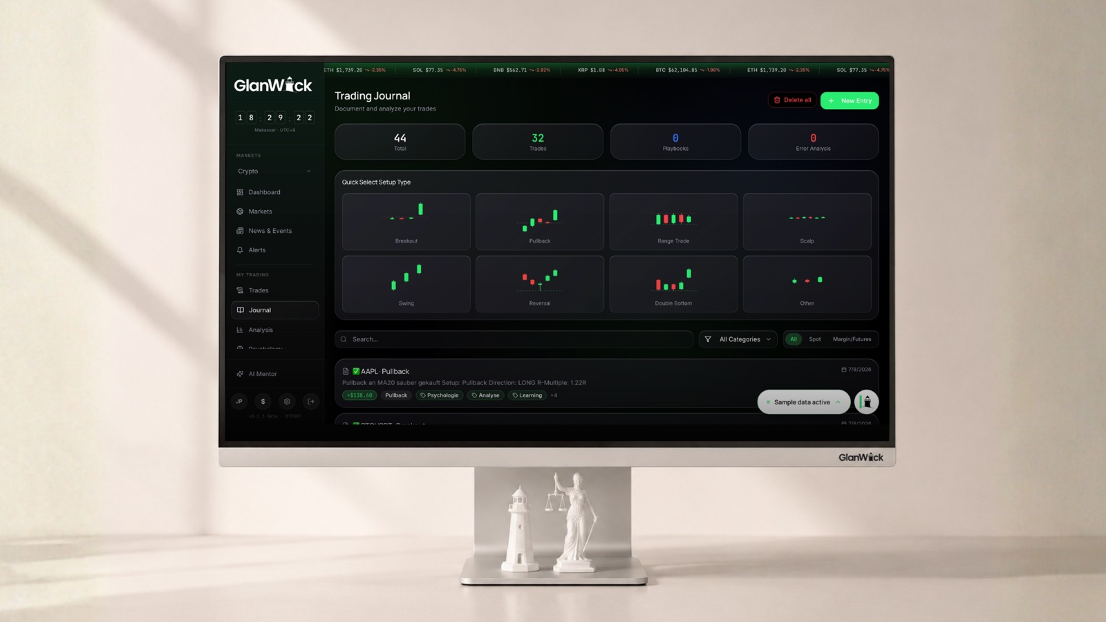 GlanWick Trading-Journal mit Setup-Typen, Statistiken und getaggten Trades auf einem Monitor